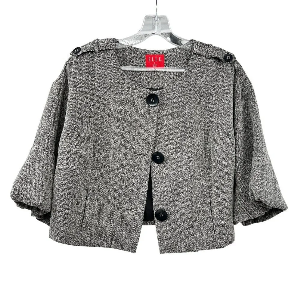 ELLE Womens Cropped Blazer Button Up 3/4 Sleeve Black/Gray Size Large Pockets